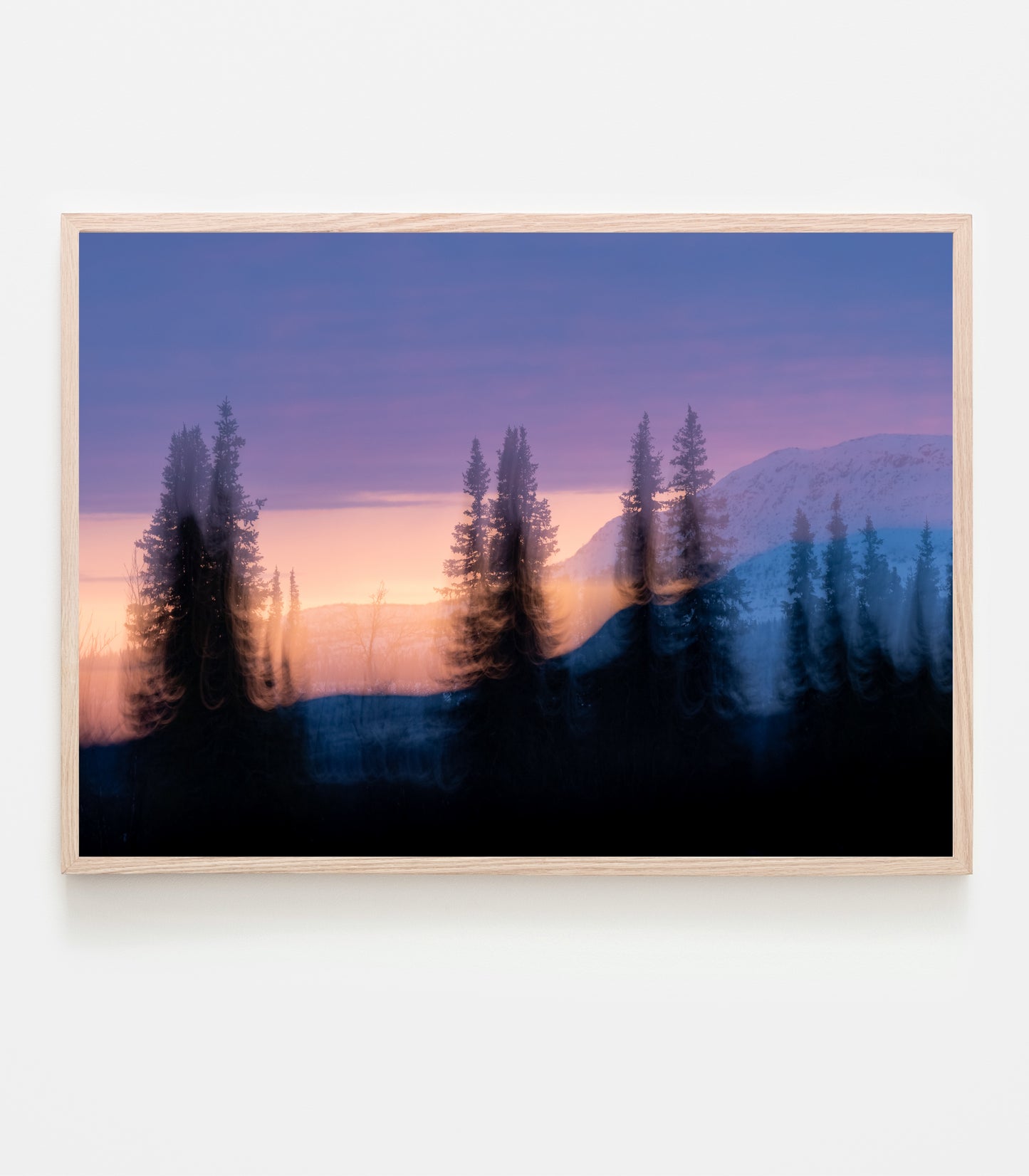 Polarnattens ljus sveper över skogen, det är alldeles tyst. Här kan det gå veckor utan att man träffar på en endaste människa. I drömmarnas skog - Art print av fotograf Linnea Lundkvist.