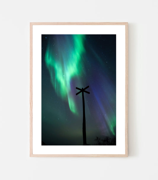 Ledkryss och norrsken. Fotograferat vid Låktatjåkka september 2023. Art print av Linnea Lundkvist.